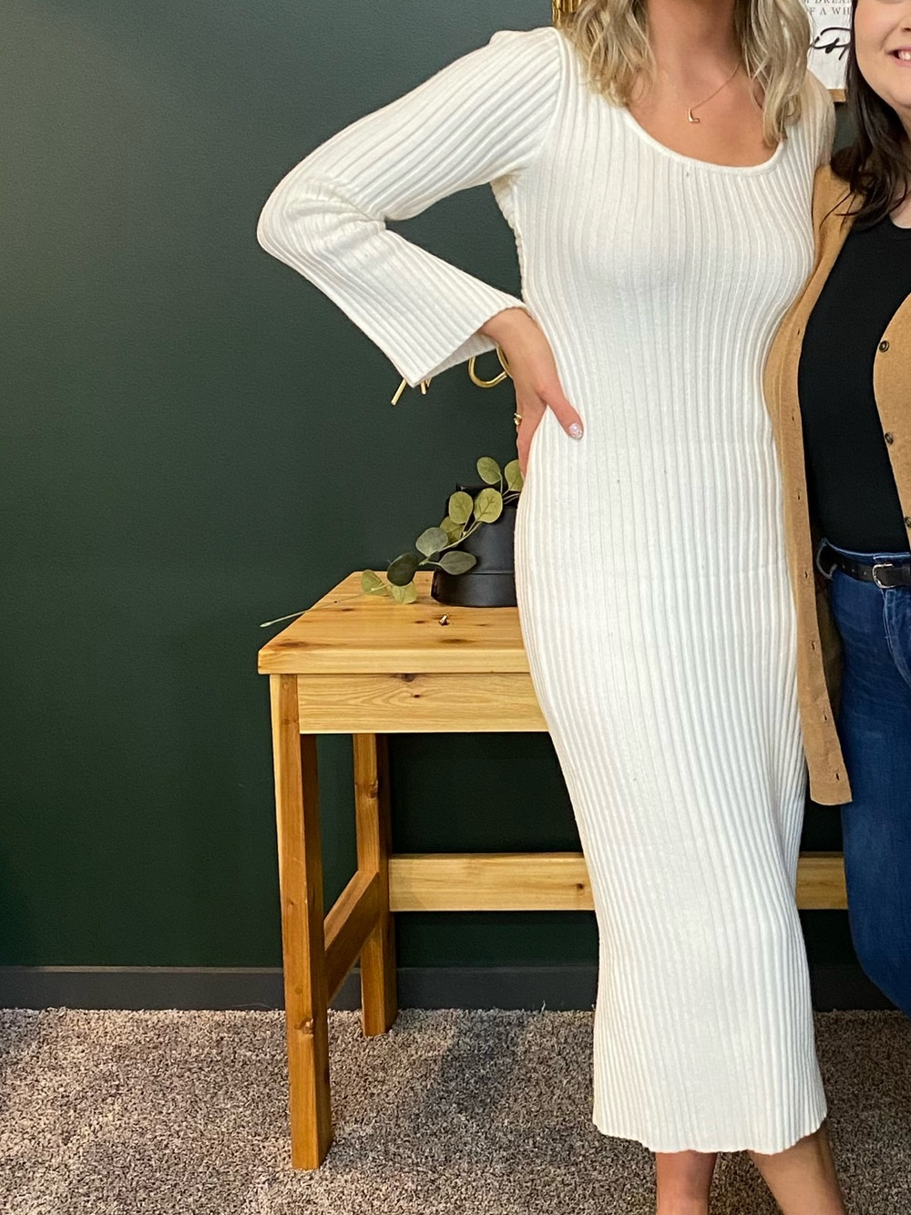 12th tribe White Ribbed Long-Sleeve Maxi Dress w Scoop Neck & cross back keyhole